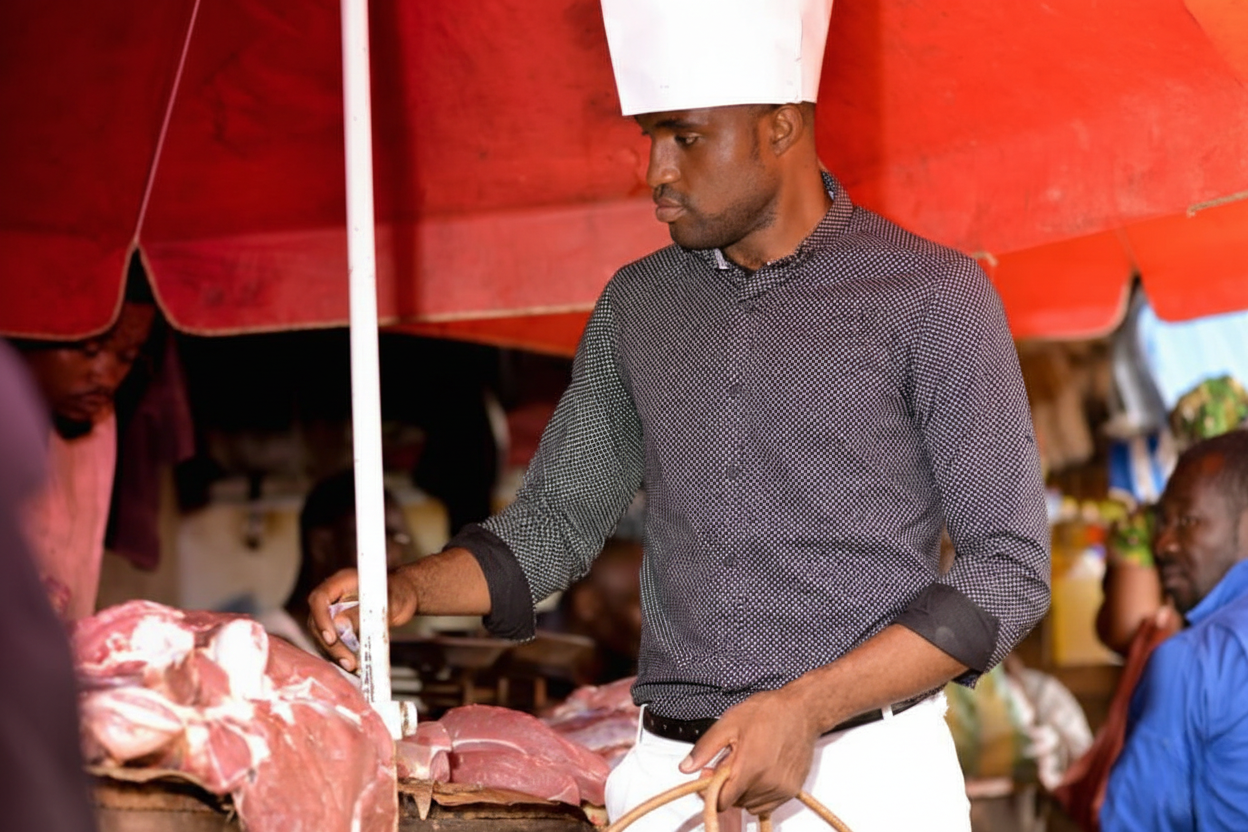 Le chef Nico sélectionne la meilleure viande au marché